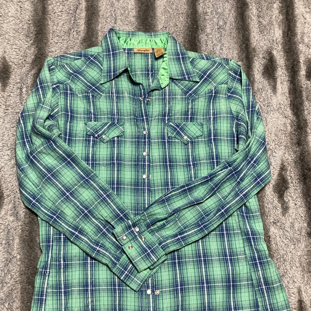 Wrangler Blue and Green Plaid Casual Shirt